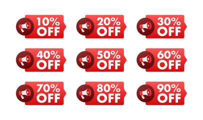 Sale tags. Special offer discount tag 10, 10, 20, 30, 40, 50, 60, 70, 80, 90 percent off price. Discount promotion