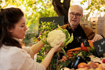 Young woman customer holding cauliflower while buying fresh locally grown organic vegetables at local farmers market. Mature male vendor serving female consumer while selling his home-grown produce