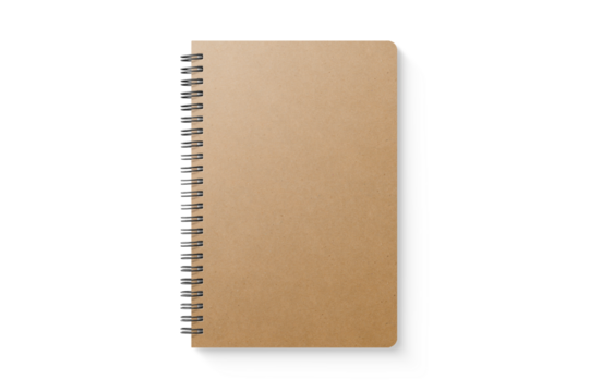 Spiral bound notebook mockup template with Kraft Paper cover isolated on a transparent background, PNG. High resolution.