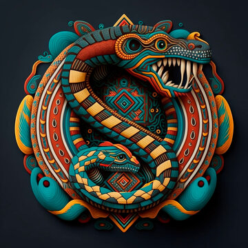 Illustration of a snake in a circle in Mayan and Aztec style. Volumetric design in bright colours in the indigenous style of Central American cultures.