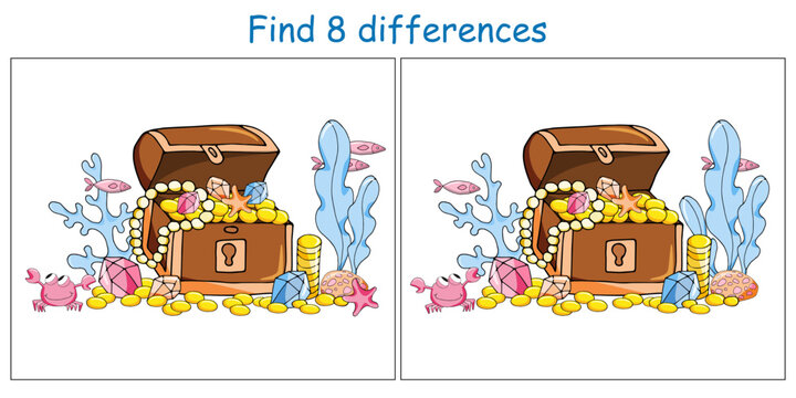 Logic puzzle game. Find 8 differences in seabed themed pictures on white background. Vector illustration for children's development.
