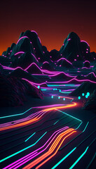 Fototapeta na wymiar Montanhas e ondas em neon noturnas IA Generativa