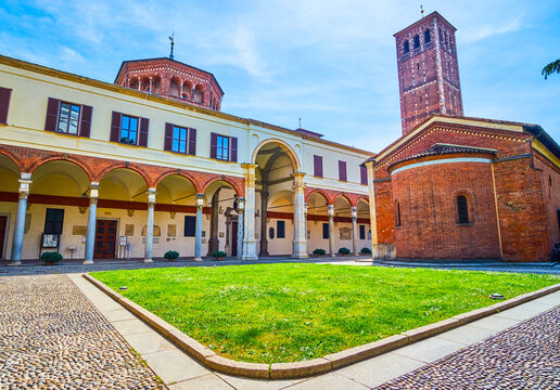 Oratorio di San Sigismondo building and arcades of Church of Saint Ambrose in Basilica of Sant'Ambrogio in Milan, Italy