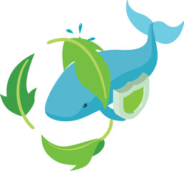 Ocean protection icon isometric vector. Blue whale in leaf circle behind shield. Ecology, environmental protection © ylivdesign