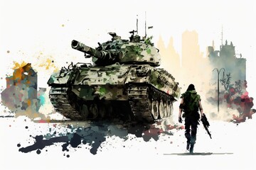 military tank, war, army vehicle, silhouette soldier, watercolor illustration on white background, Generative AI