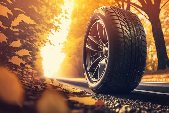 Car Wheel On Asphalt. Replacement Of Winter And Summer Tires. Generative Ai
