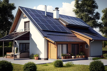 Fototapeta na wymiar Solar panels on the roof of the house, renewable energy, green photovoltaic power, generative AI.
