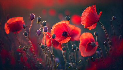 Flowers Red poppies blossom on wild field. Beautiful field red poppies with selective focus. Red poppies in soft light. Opium poppy. natural drugs. Generative AI - obrazy, fototapety, plakaty