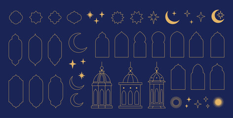Collection of elements in the oriental style of Ramadan Kareem and Eid Mubarak, Islamic windows,  arches, stars and moon, mosque doors, mosque domes and lanterns. - obrazy, fototapety, plakaty