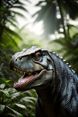 T-rex dinosaur predator in jungle ,face prehistoric monster animal .Generative AI	
