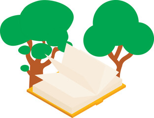 Ecology concept icon isometric vector. Two green tree and open paper book icon. Ecology, environmental protection