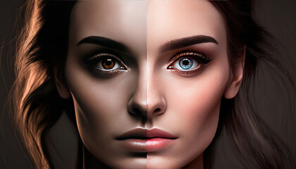 young woman with two different make up and colored contact lenses