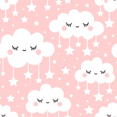 Girly clouds with eyes and lashes pink sky with stars, cute background seamless pattern for baby room decor, lamp shade and fabric, textile. Vector abstract repeat with sleepy clouds.
