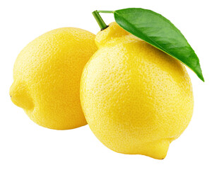 Two whole yellow lemons with green leaf isolated on transparent background. Lemons citrus fruit....