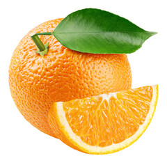 Ripe whole orange citrus fruit with green leaf and slice isolated on transparent background. Full depth of field.