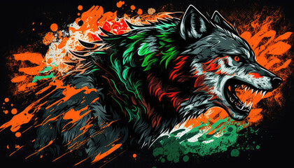 illustration wolf goes on the attack, with colorful colored accents