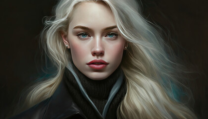 young blonde woman with long hair and red lips, light blue glow in hair