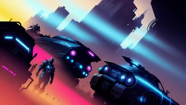 Journey through a Cyberpunk Cityscape. High Tech City with Lasers, Vehicles, Robots, Androids, Neon Signs, and Glowing Skyscrapers. [Science Fiction Animated Clip.]