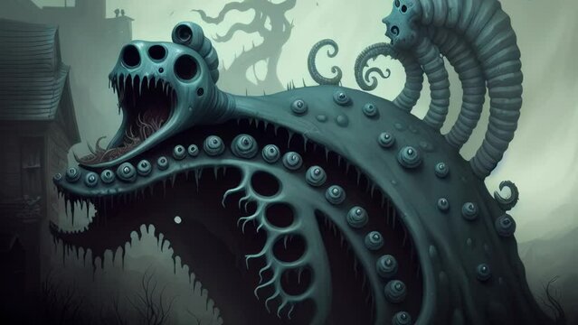 Journey through a Lovecraftian Nightmare Landscape with Ancient Monsters, a Mysterious Traveler, a Cursed Village, Skulls, Tentacles, an Ocean Voyage, and Tall Ships. [Halloween / Horror Animation.]