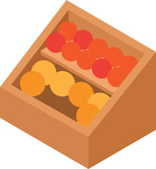 Fruit counter icon isometric vector. Wooden rack with colorful fresh fruit icon. Food market stall, farm produce, street trading