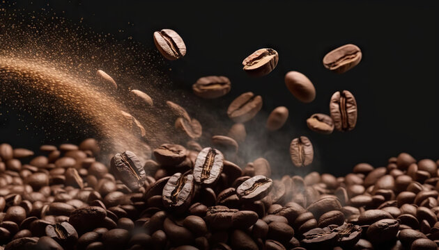 Falling delicious coffee beans on black background. Based on Generative AI