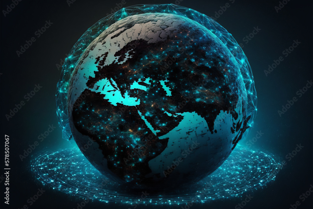 Poster earth communications network map of the world. dark blue background map world global logistics netwo