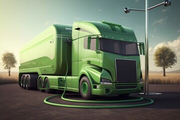 Electric truck standing by the charging station, green eco friendly concept and green mobility, Generative AI