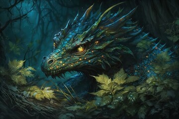 Fototapeta na wymiar Beautiful dragon in the night forest, selective focus. AI generated, human enhanced