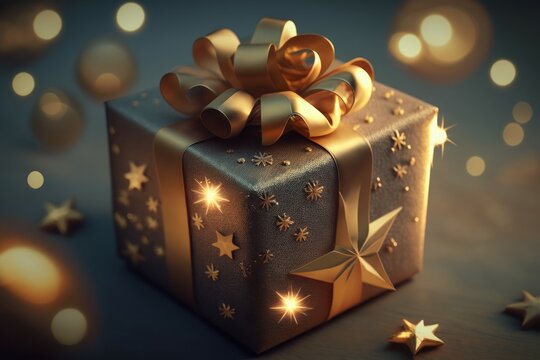 Small presents on christmas lights bokeh background, selective focus. AI generated