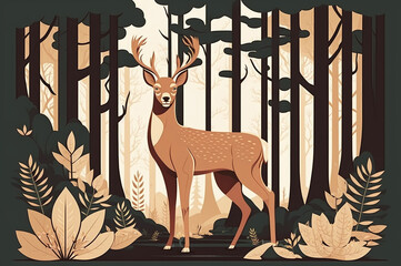 Curious deer in a forest illustration