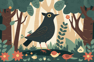 Happy bird standing in the forest illustration