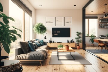 Ein zeitgem&auml;&szlig;es Wohnzimmer-Design, das mit einer stilvollen Couch und kunstvollen Akzenten wie einem Couchtisch und dekorativen Pflanzen ein wohnliches Ambiente schafft. KI Illustration