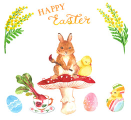 Clipart of little bunny holding a brush and painting eggs with juice of beetroot