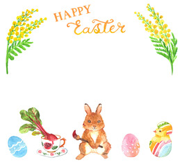 Happy Eater frame of a rabbit holding a brush and painting eggs with juice of beetroot