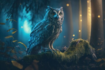 Owl in the Forest at Night. Generative AI