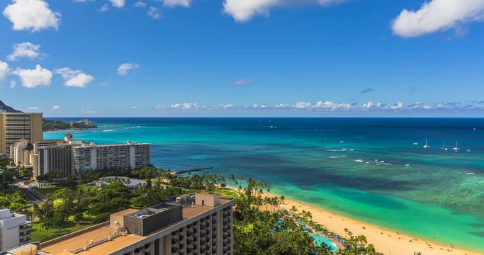 4K time-lapse of balcony view over Waikiki Beach and Pacific Ocean.
