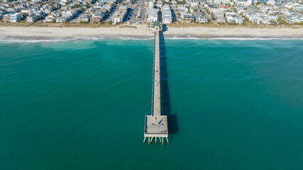 Aerial view of the Crystal Pier in Wrightsville Beach, North Carolina.