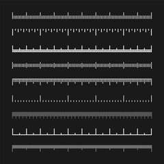 Various measurement scales with divisions. Realistic white scale for measuring length or height in centimeters, millimeters or inches. Ruler, tape measure marks, size indicators. Vector illustration