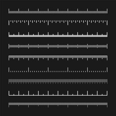 Various measurement scales with divisions. Realistic white scale for measuring length or height in centimeters, millimeters or inches. Ruler, tape measure marks, size indicators. Vector illustration