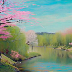 Une rivière entourée d'arbres. Peinture. IA générative
