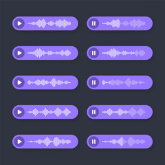 Voice, audio message, speech bubble. SMS text frame. Social media chat or messaging app conversation. Voice assistant, recorder. Sound wave pattern. Dark mode. Vector illustration