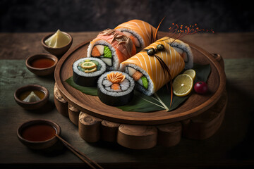 Obraz na płótnie Canvas Japanese seafood sushi and maki on wooden plate. Generative AI