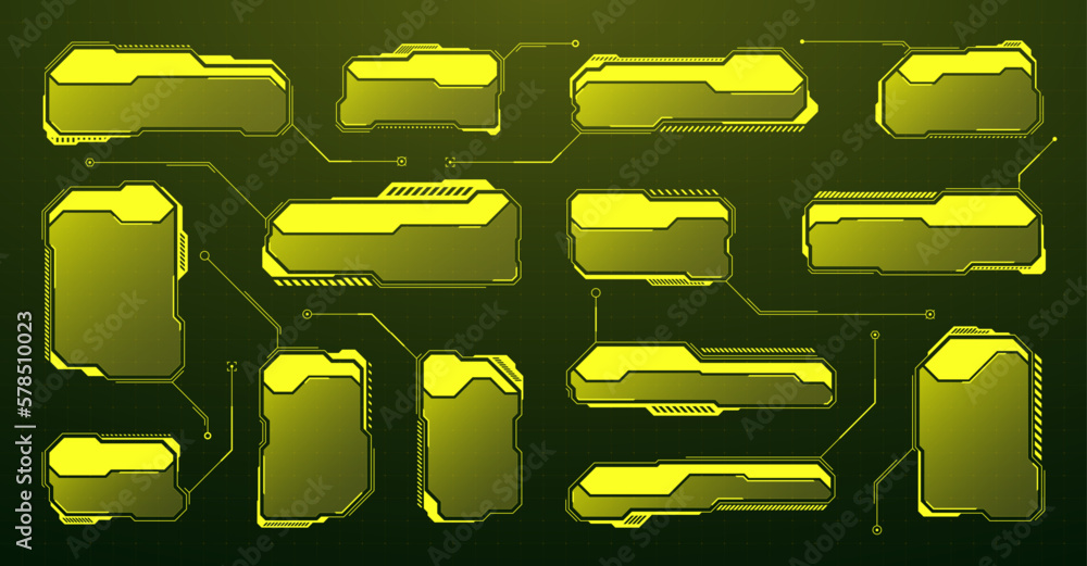 Poster yellow futuristic hud, ui elements. sci-fi user interface text boxes, callouts. warning message fram