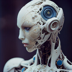 Close up portrait photo of incomplete humanoid android, covered in white porcelain skin, glowing internal parts, still getting assembled, missing parts.