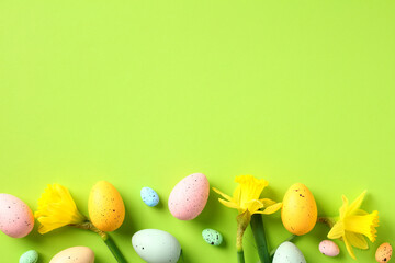 Happy Easter card template. Flat lay composition with colorful Easter eggs and yellow spring flowers on green background.