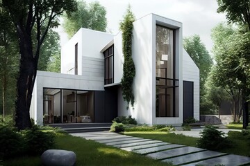 contemporary and stylish modern house with stone , wood and metal elements - Exterior views - by AI generation 