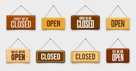 Wooden open or closed hanging signboards. Made of wood door sign for cafe, restaurant, bar or retail store. Announcement banner, information signage for business or service. Vector illustration