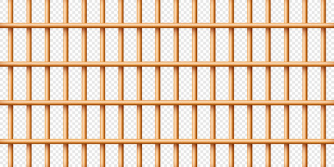 Realistic wooden lattice, rural picket fence. Farm or village house boundary, garden enclosing planks. Detailed wooden jail cage. Criminal background mockup. Creative vector illustration
