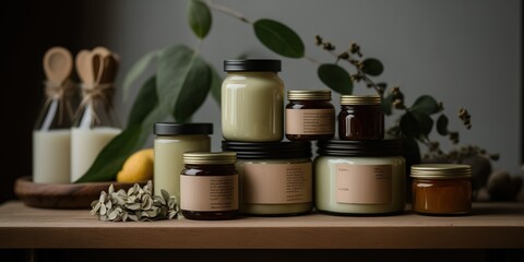 Fototapeta na wymiar Homemade natural skincare products made with organic ingredients and displayed on wooden shelf, concept of Organic Skincare and DIY Skincare, created with Generative AI technology