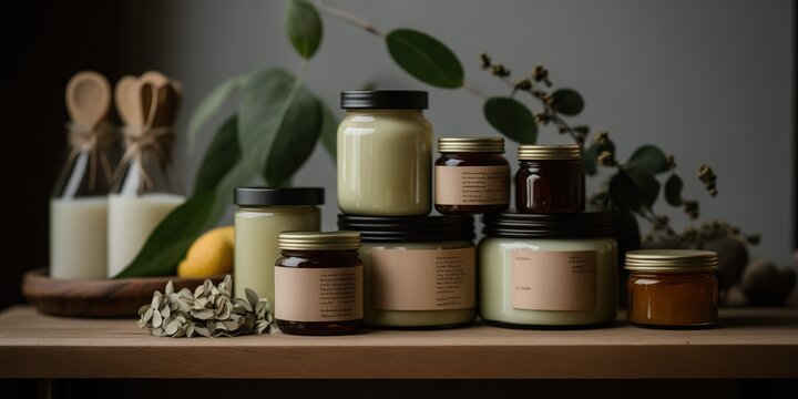 Homemade natural skincare products made with organic ingredients and displayed on wooden shelf, concept of Organic Skincare and DIY Skincare, created with Generative AI technology